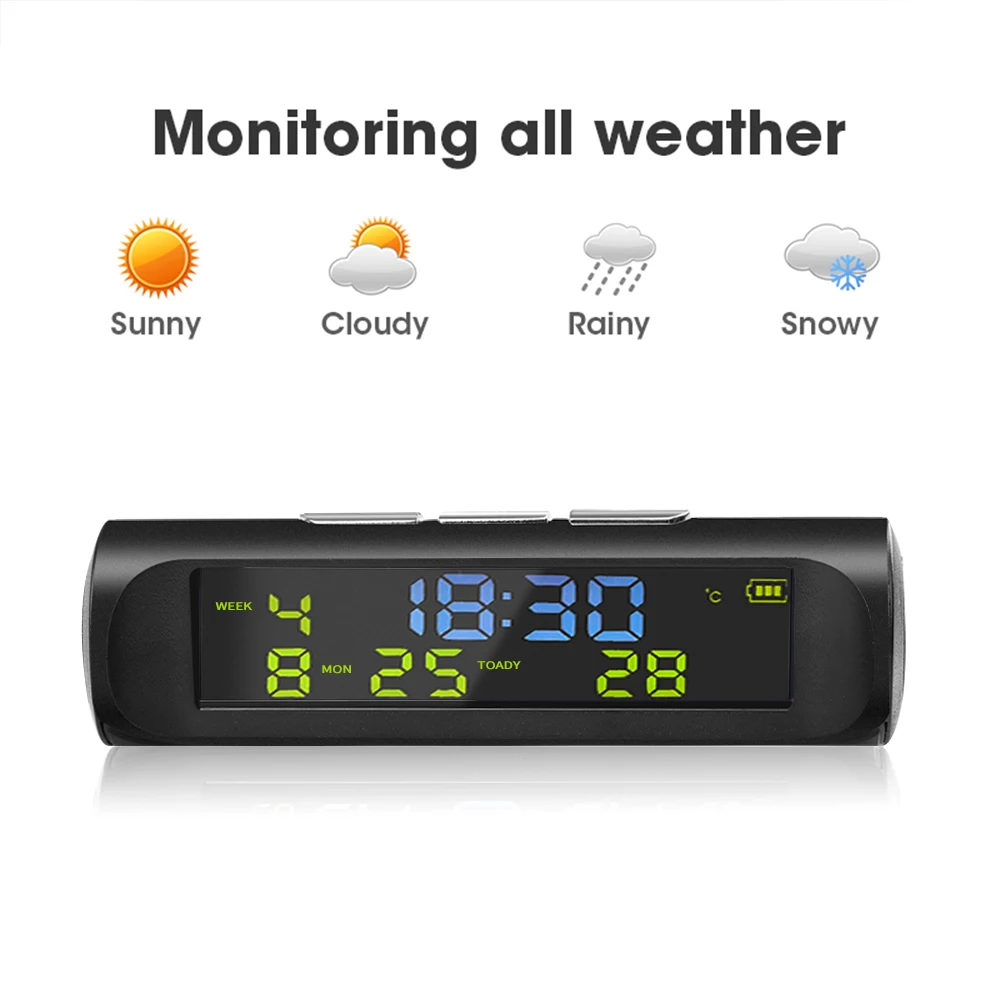 Solar Car Digital Car Clock Wireless Temperature Backlight with LCD Time Date Dashboard Indoor Temp Display