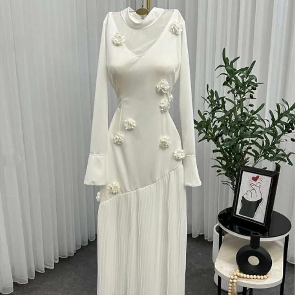

Customized Simple Fashion High quality Jersey Flower Straight High Collar Long Dresses Evening Dresses Matching Classic Retro