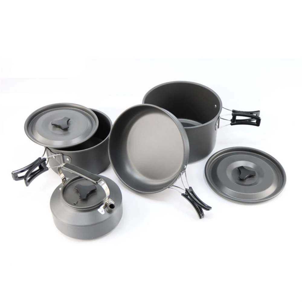 

Большой кухонный набор для кемпинга на открытом воздухе с 2-4 вложенными кастрюлями и легкой посудой для кемпинга из алюминиевого сплава для удобной переноски