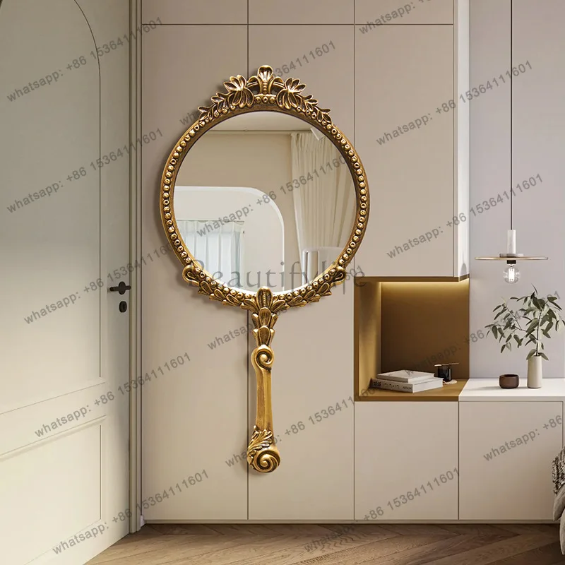 

European retro handheld wall-mounted mirror gold carved light luxury makeup mirror fashionable and simple