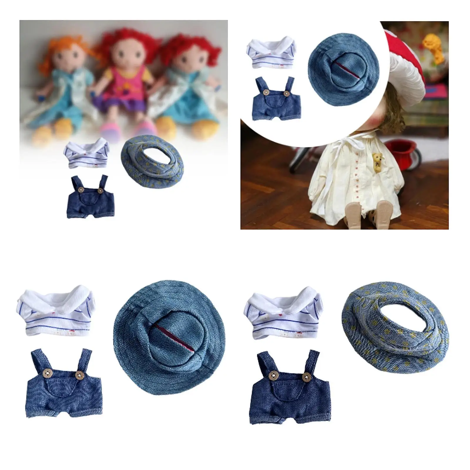 

3 Pack Doll Outfits with Suspender Pants, T-Shirt, and Hat for 15-17cm Dolls