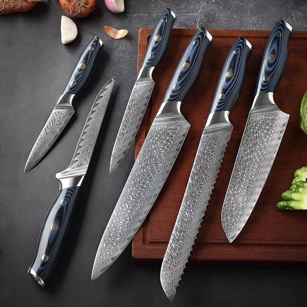 Juego de cuchillos de Chef de acero damasco, 1-6 uds., Santoku japonés y cuchillo para deshuesar, cuchillo de cocina profesional para carne, cuchillo de cocina para pescado