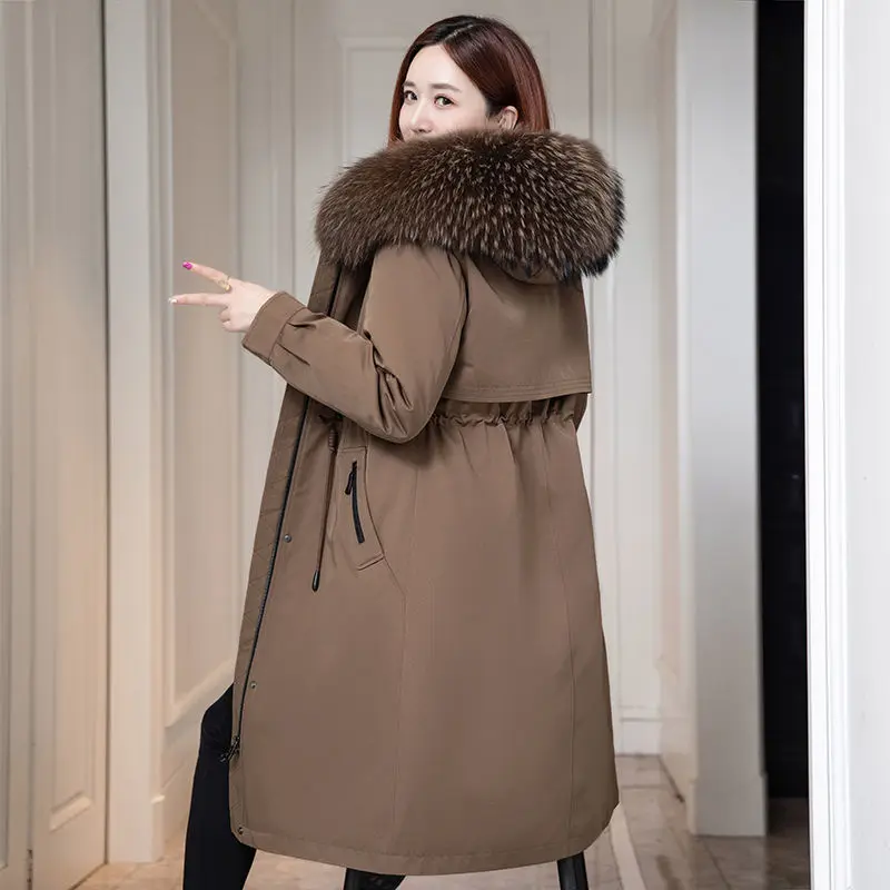 Casaco de pele de guaxinim feminino, forro de pele de coelho longo Rex, Parkas removíveis, outwear grosso com capuz quente, plus size, inverno, novo, 2023