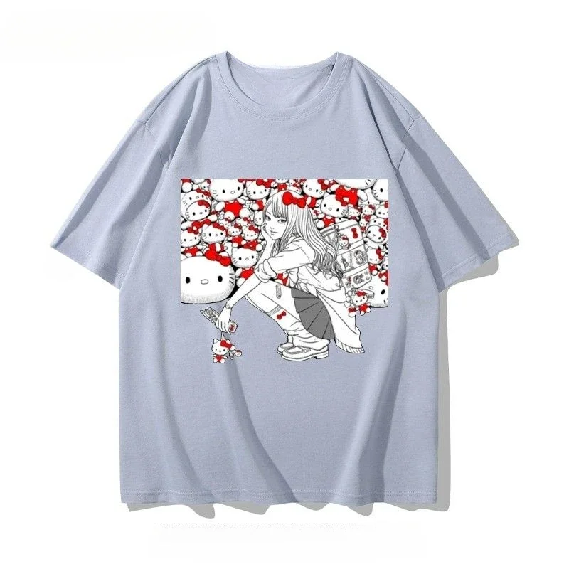 Miniso Hello Kitty Junji Ito Tomie T-shirts Cute Pattern Printing Retro Trendy Pure Cotton Anime Men and Women Short Sleeve