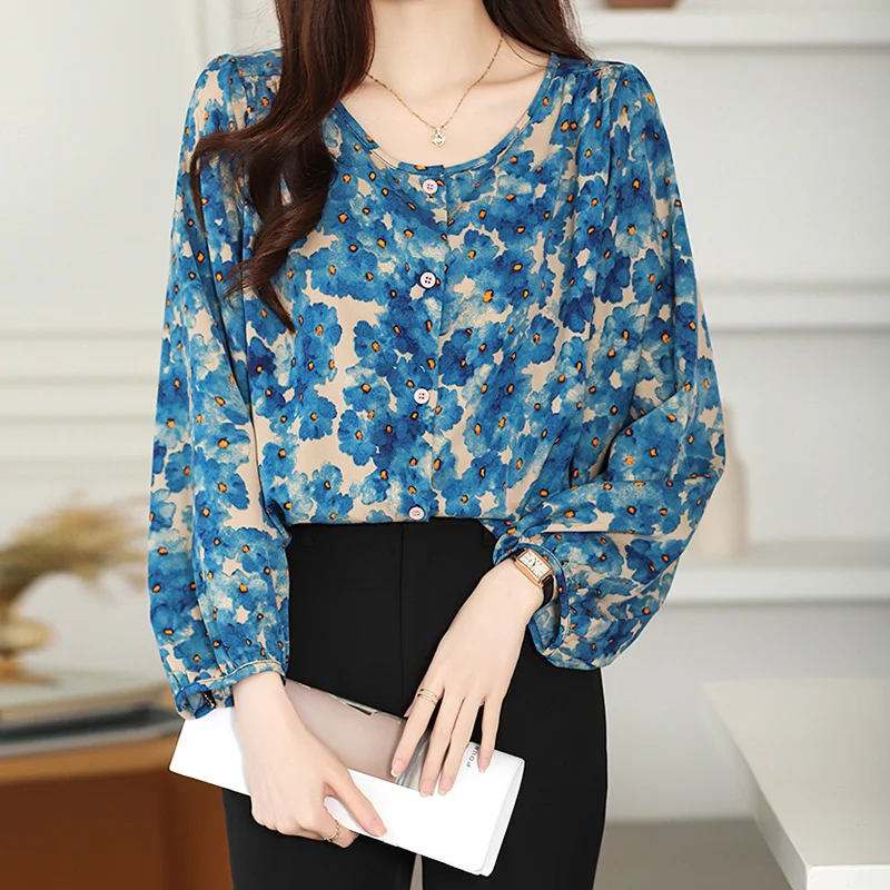 Camicetta da donna allentata con maniche a lanterna con scollo a o in Chiffon Vintage con stampa floreale camicette femminili monopetto abbigliamento donna 2024