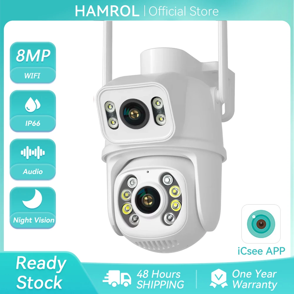 HAMROL 4K 8MP Dual-Objektiv Dual-Bildschirm WLAN PTZ-Kamera H.265 IP66 Wasserdicht Außenbereich Nachtsicht Menschenerkennung Zwei-Wege-Audio