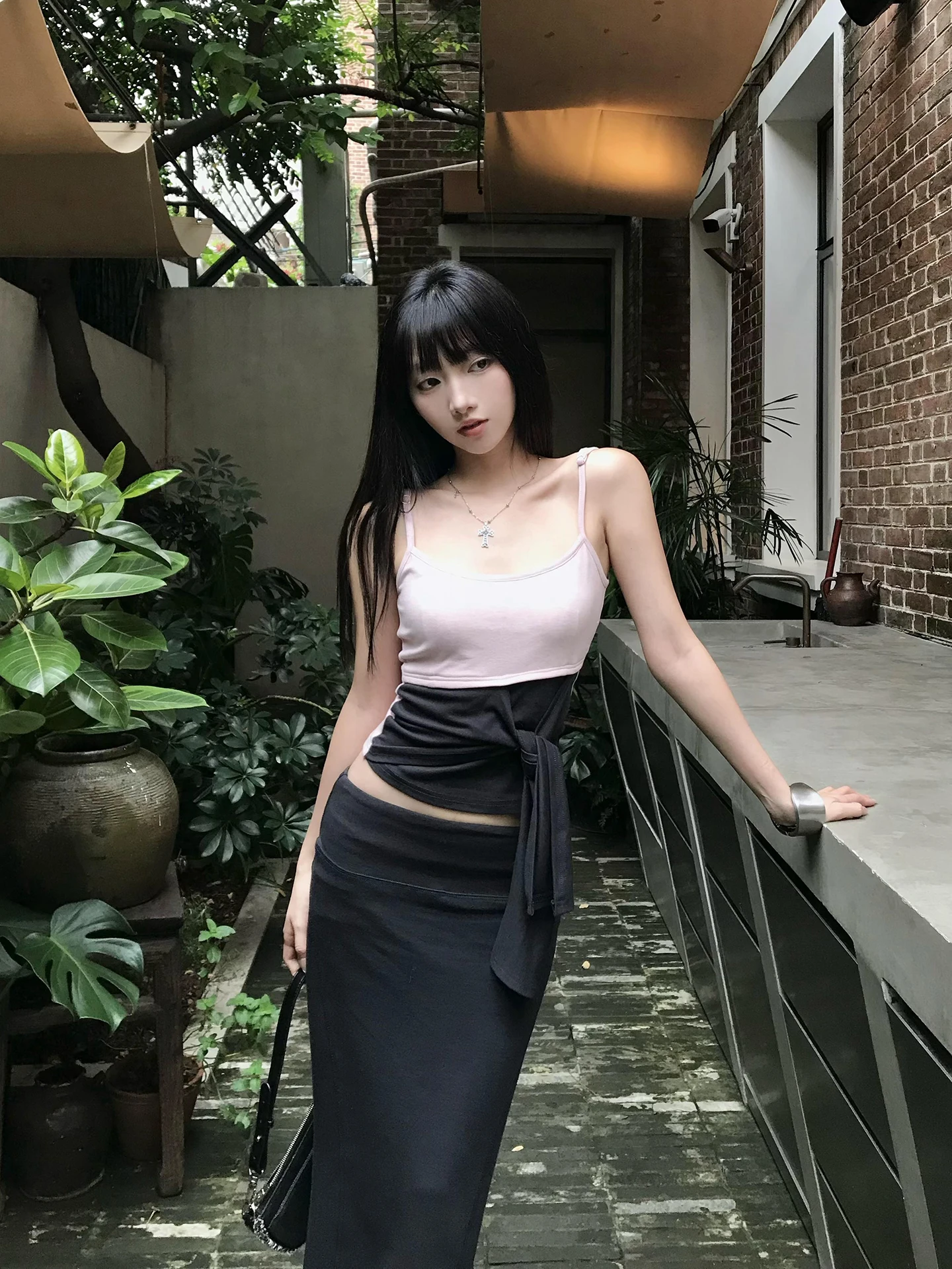 

Pink Slim Fit Vest Top And Long Skirt Set Women's Summer Design Sensation High Waist Butt Covering Faionable Two-Piece Suit