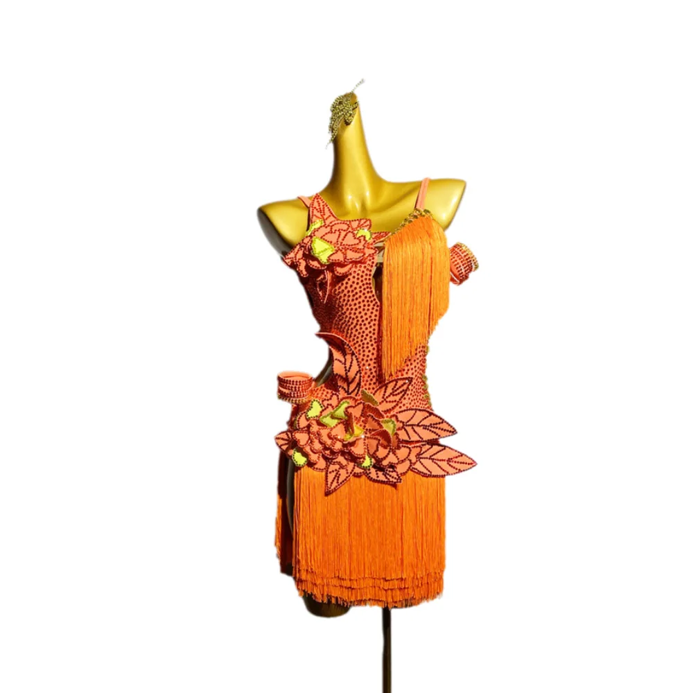 

Latin Dance AB Stone Female Adult Children High end Customized Handmade Flower Tassel Dress Black Pool Samba Performance Dress