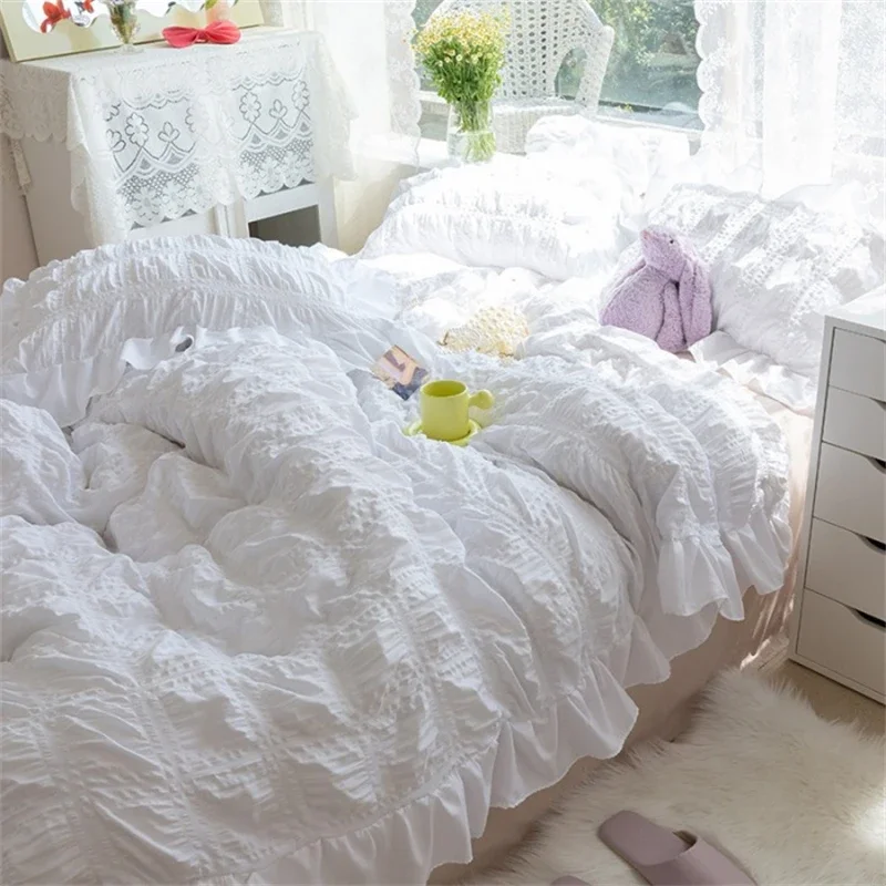 

Princess Seersucker Kawaii Bedding Set Lovely Ruffles Girl Duvet Cover Set Solid Color Soft Comfortable Bed Sets