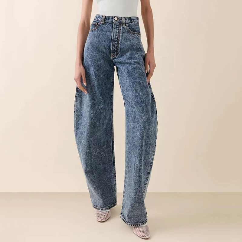 Women's washed jeans, fashionable and versatile banana shaped wide leg pants, high quality cotton pants, 2025, spring, new，y2k