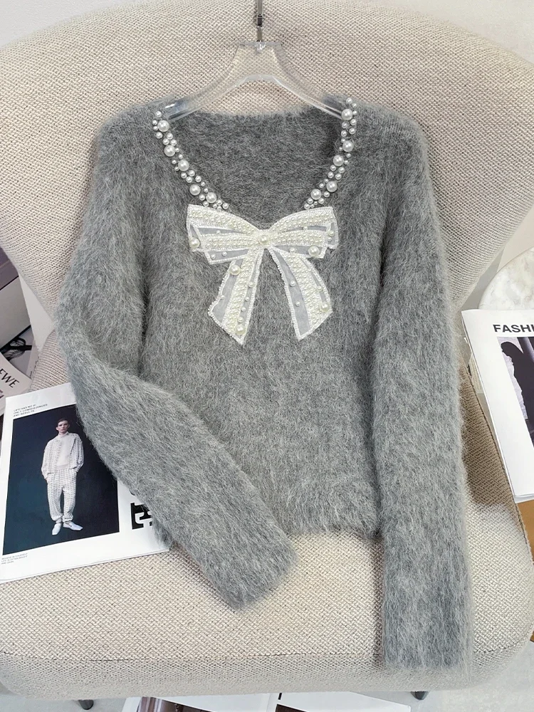 French Style Elegant Casual Bow Pearl Beaded V-Neck Pullover Gentle Soft Long Sleeve Fashion White Knitted Sweater Women Autumn