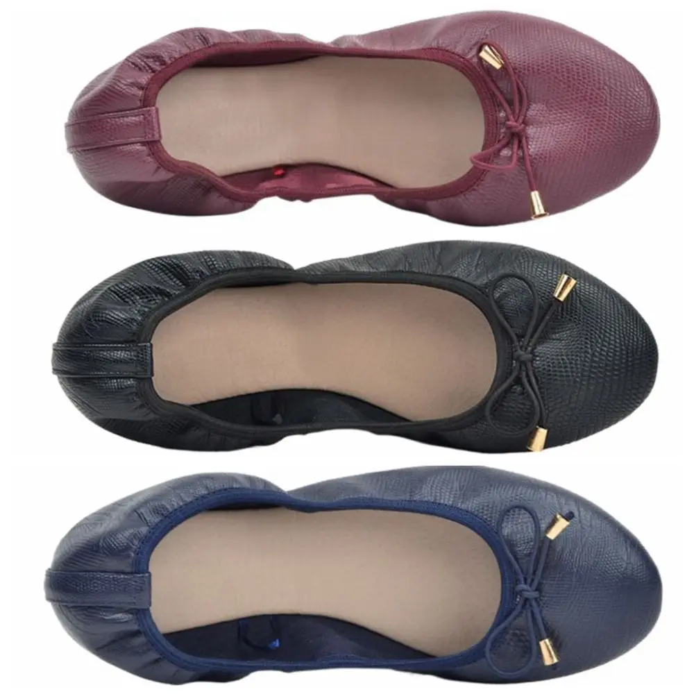 Solid Color Shallow Mouth PU Ballet Shoes Thread Bowknot Soft Sole Flat Shoes Foldable Lightweight Ballet Flats Women Yoga