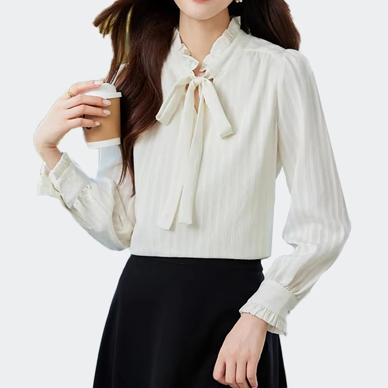 

Long Sleeve Bow Tie Chiffon Shirts Fashion Blouse Women 2025 Elegant Business Loose Blouses Ladies Spring Autumn Chic Tops