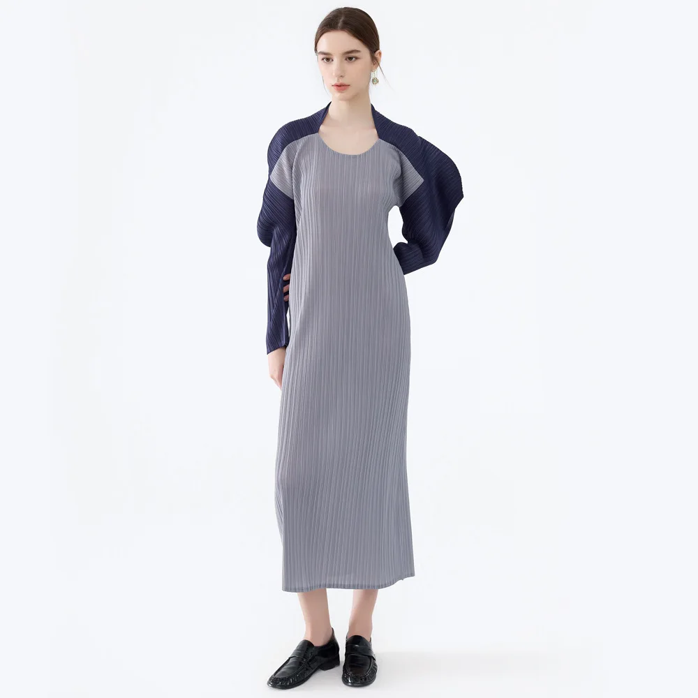 Miyake 2025 vestido feminino de manga comprida com chifres e bloco colorido, comprimento médio, bainha dividida, saia de camada base para primavera e outono