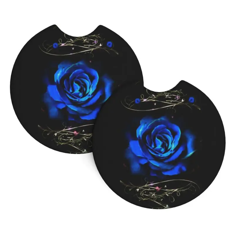 2 pcs Blue Rose Car Coasters Waterproof, Quick Dry, No Odor Cup Holder Mats, Rubber backing to prevent cup holder from scratches