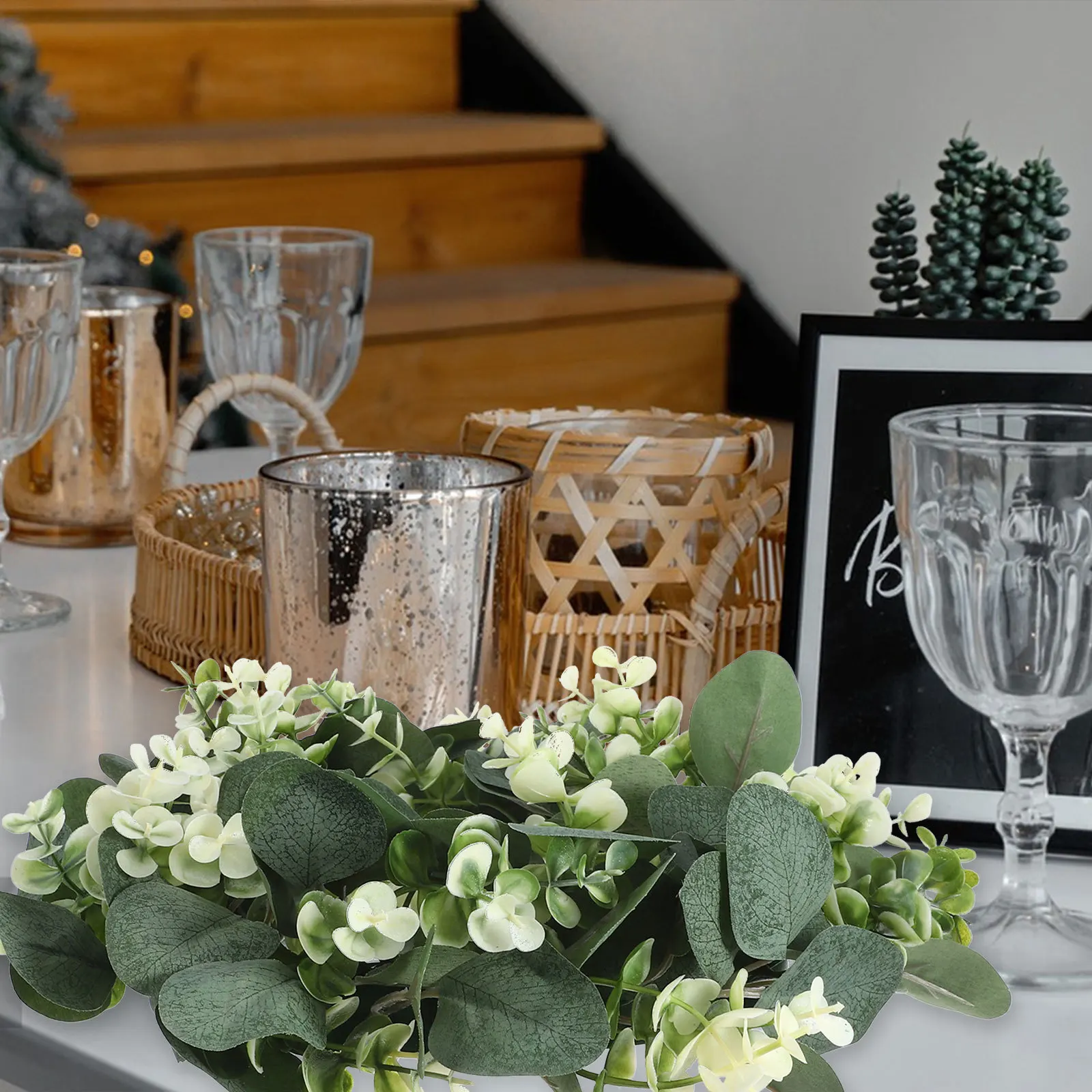 

Artificial Eucalyptus Leaves Wreath Spring Greenery Ring Front Door Wall Hanging Decor Simulated Wreath Green Plant