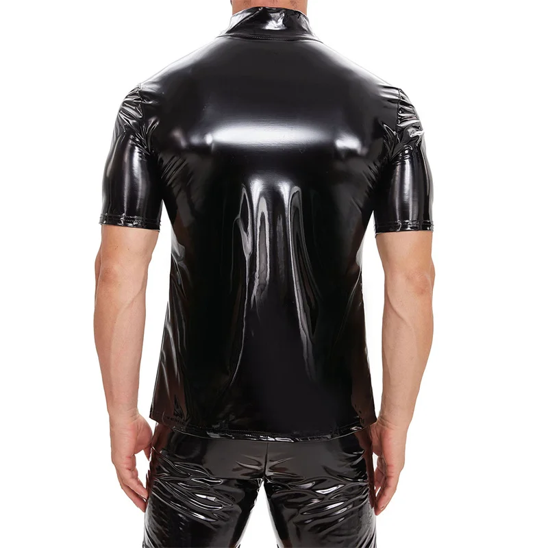 New Men Casual Cardigan Short Sleeved Shirt PVC Glossy Patent Leather Sexy Tight Stretch Latex Outerwear Male Motorbike Clothing