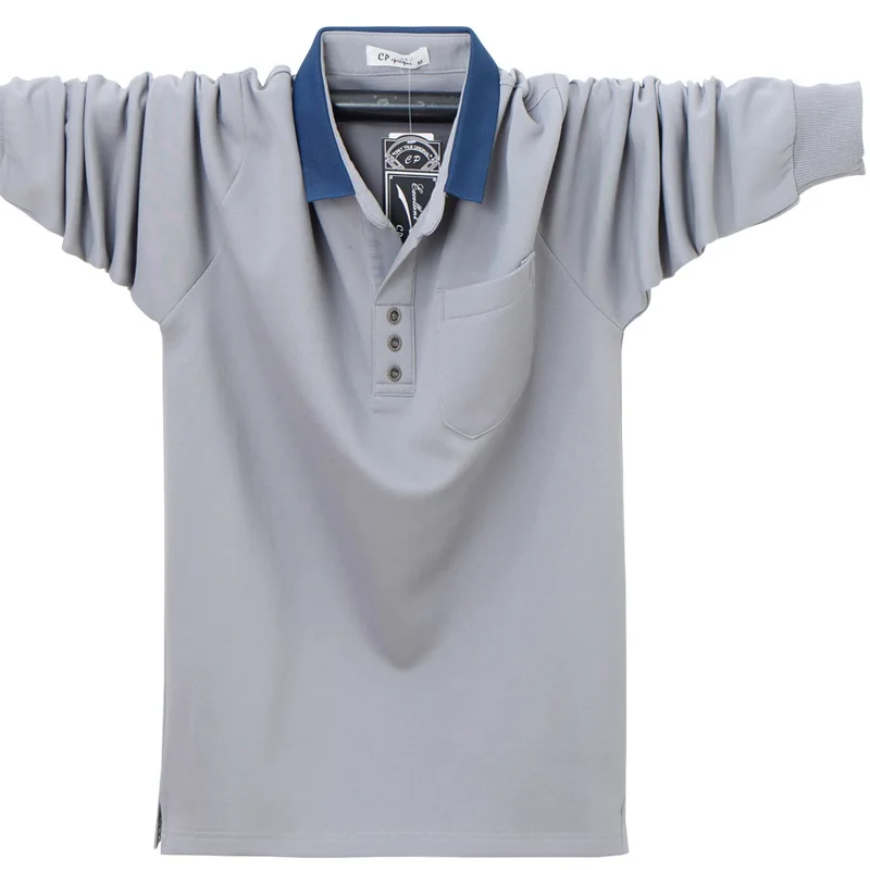 New AutumnMen\'s Pure Cotton Polo Shirt Long Sleeve Business Work Shirts Pocket Soild Color Casual Plus-Size for Male Tops 6XL
