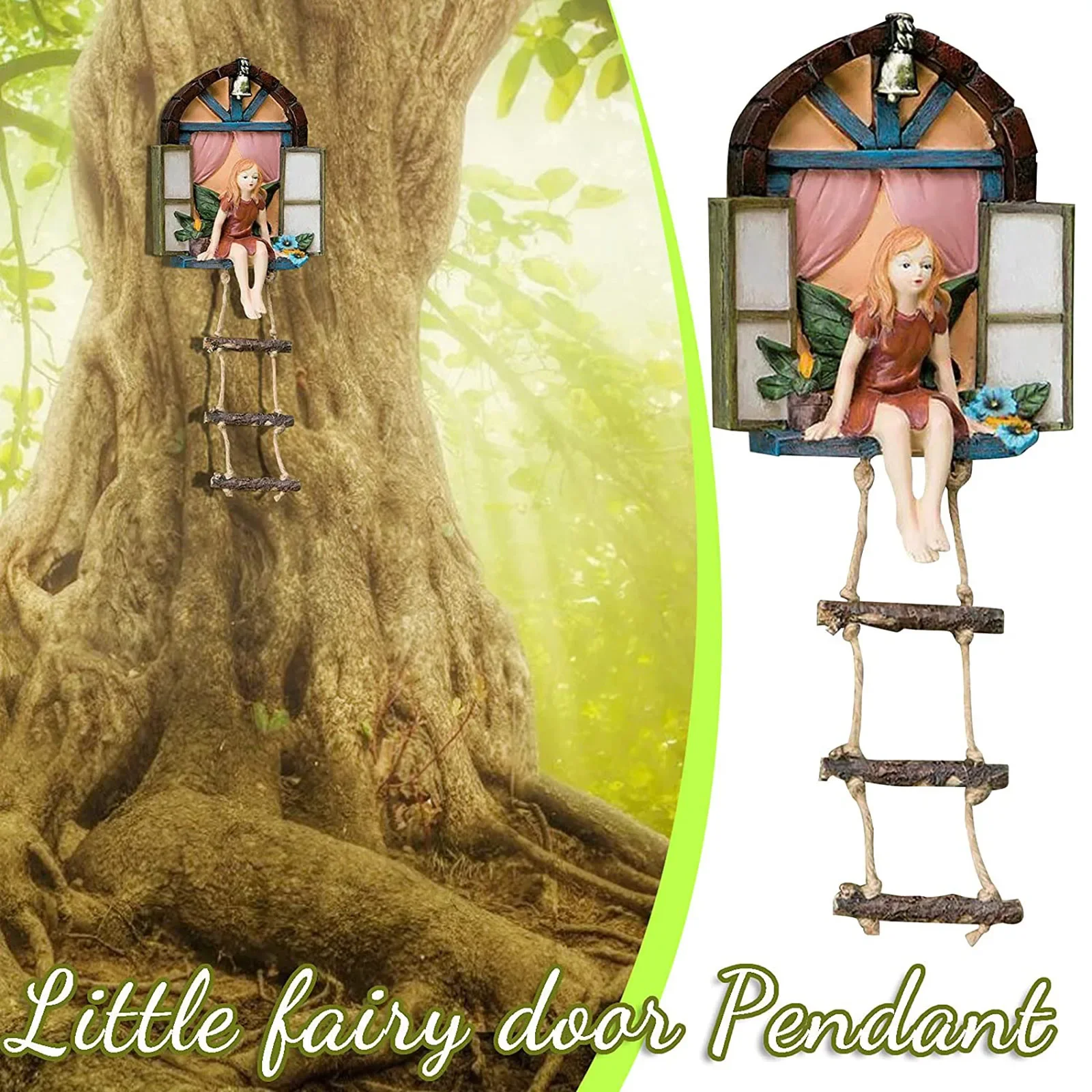 Fairy House Tree Hanging Figurine Window Sitting Fairy Ladder Resin Craft Statue Outdoor Ornament For Home Garden Yard Art Decor
