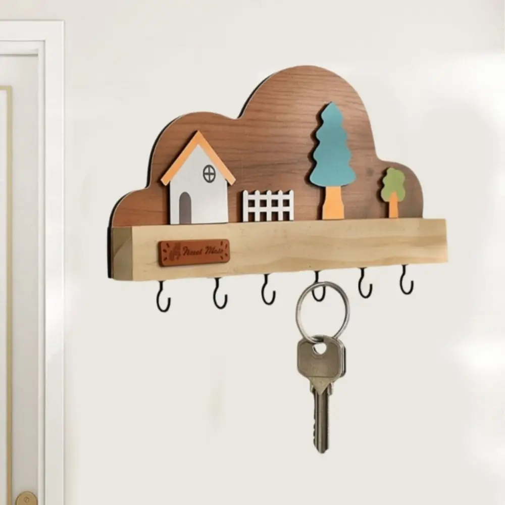 

Solid Wood Key Storage Hanging Hook No-Drill Cloud House Forest Decorative Hook 6 Hooks Wall Mounted Coat Rack Housewarming Gift