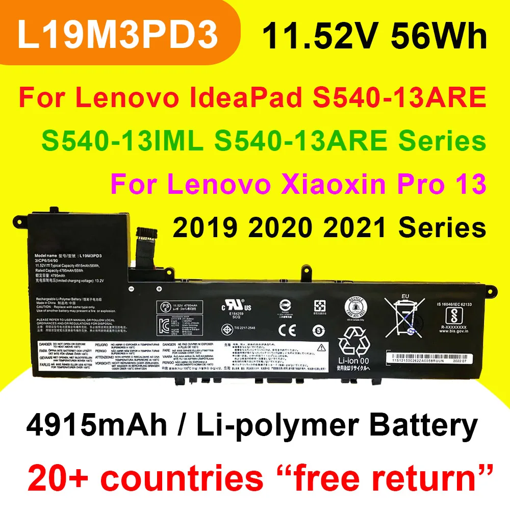 L19M3PD3 For Lenovo Xiaoxin Pro 13 2019 2020 2021 IdeaPad S540-13ARE 13IML 13ITL Series Laptop Battery L19D3PD3 L19L3PD3