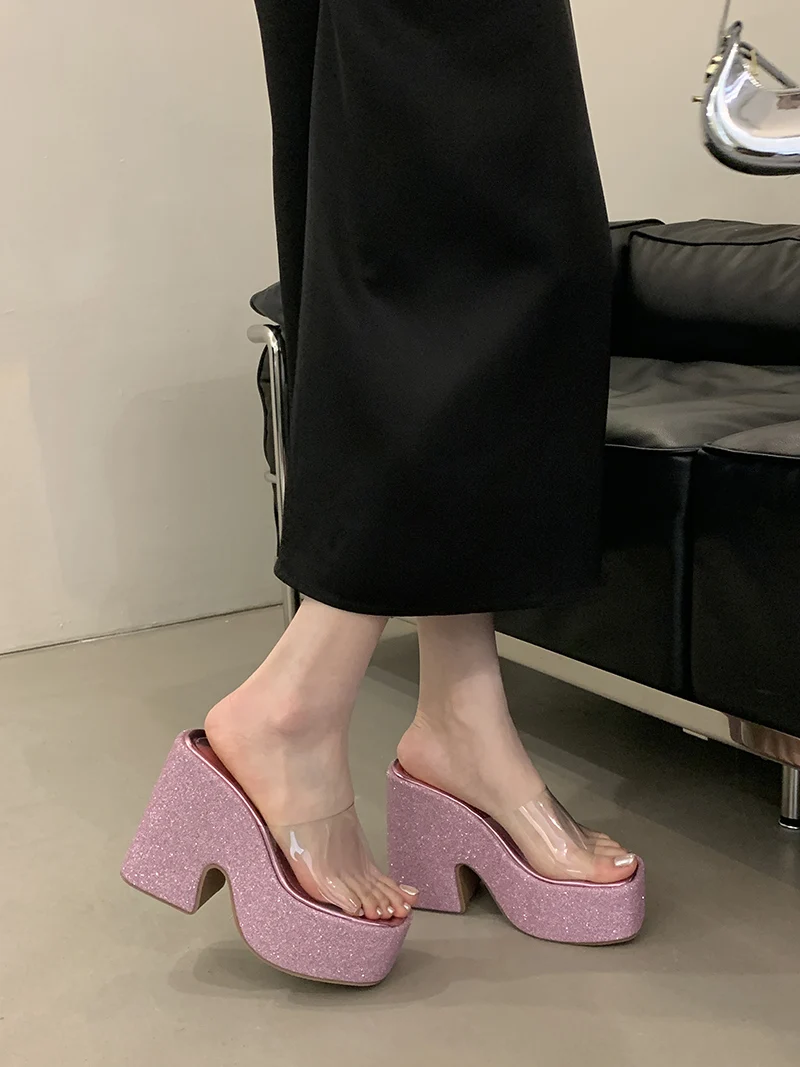 Pink Platform Heels Slippers 12cm Chunky Heeled Sandals For Woman PVC Clear Block Shoes Silver Summer Sandals Ladies Sandales