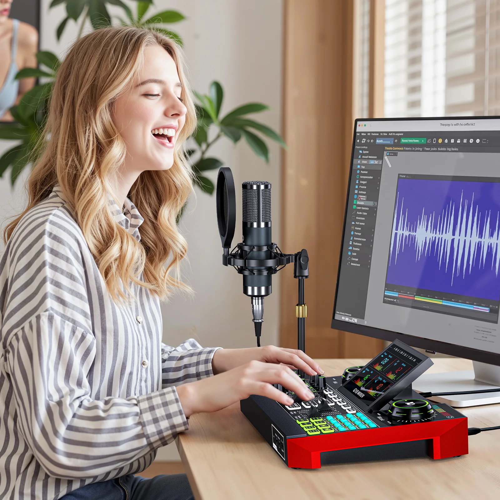 Live Sound Board Audio Mixer, Podcast Equipment Bundle with 3.5mm Condenser Microphone(P15) for Pc/Phone ，Voice Changer, Denoise