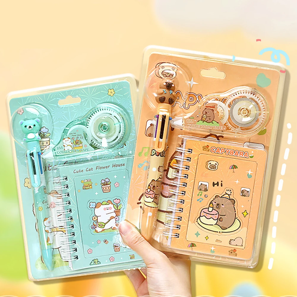 

3-х предметный набор канцелярских принадлежностей Capibala, милый блокнот с героями мультфильмов, набор шариковых ручек, школьные принадлежности, студенческие призы, подарки