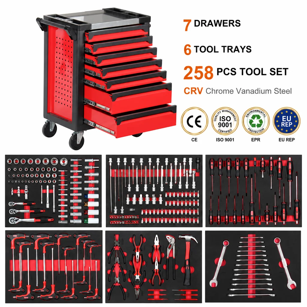 7 Drawers Metal Tool Cabinet with Tool Set OEM Lockable Workshop Trolley Garage Steel Storage Large Capacity Tool Cart with Kits