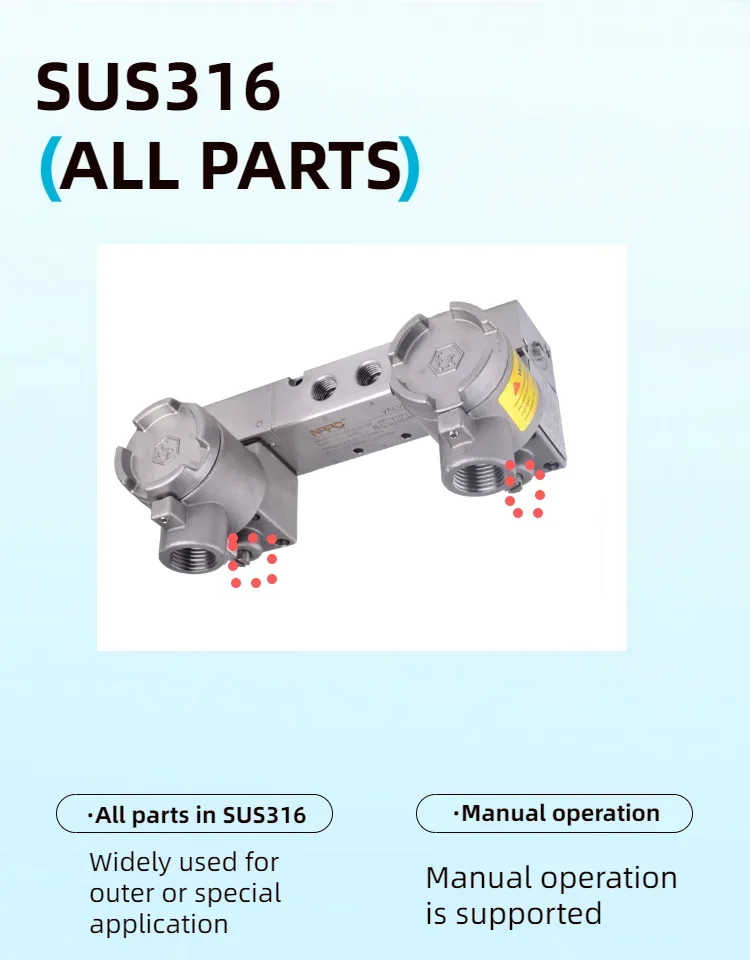NPPC สแตนเลส SUS316 โซลินอยด์วาล์วป้องกันการระเบิดหัวคู่ขนาดพอร์ต 02 ประเภทการติดตั้งท่อคู่มือการสนับสนุนผู้ปฏิบัติงาน