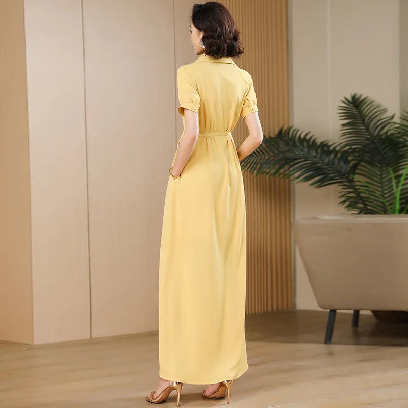 Summer short-sleeved lapel temperament yellow loose version dress large skirt DZ1875