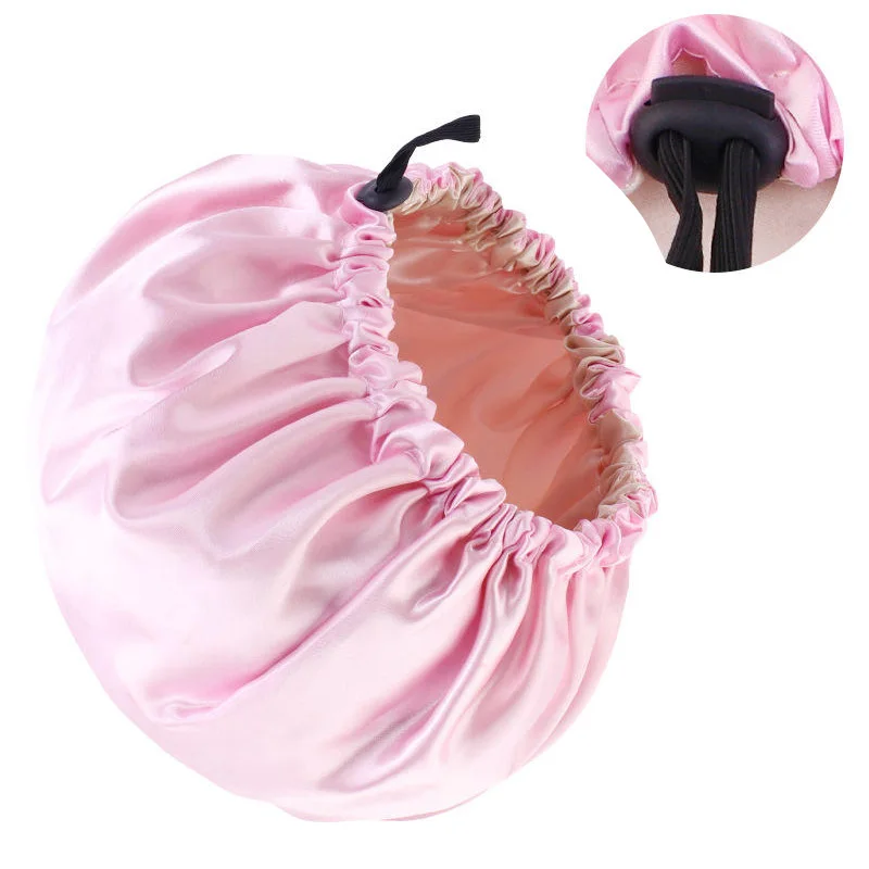 Women Night Sleep Hair Caps Silky Bonnet Satin Double Layer Adjust Head Cover Hat For Curly Springy Hair Styling Accessories