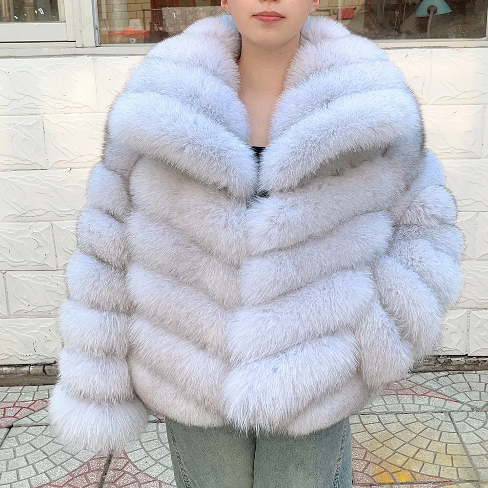 QUEENTINA Winter New Women's Real Fox Fur Coat With Collar Overcoat Leather Female Natural Plus Size