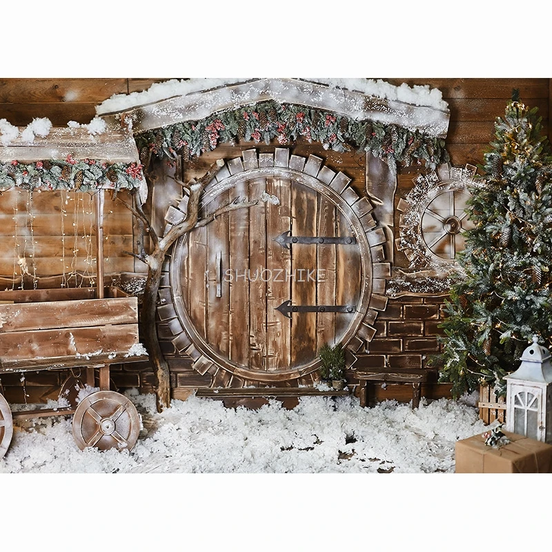 SHUOZHIKE зимний деревенский задний вид, украшенный Новым годом, с искусственным снегом и рождественской елкой, фон для фотостудии SSD-04