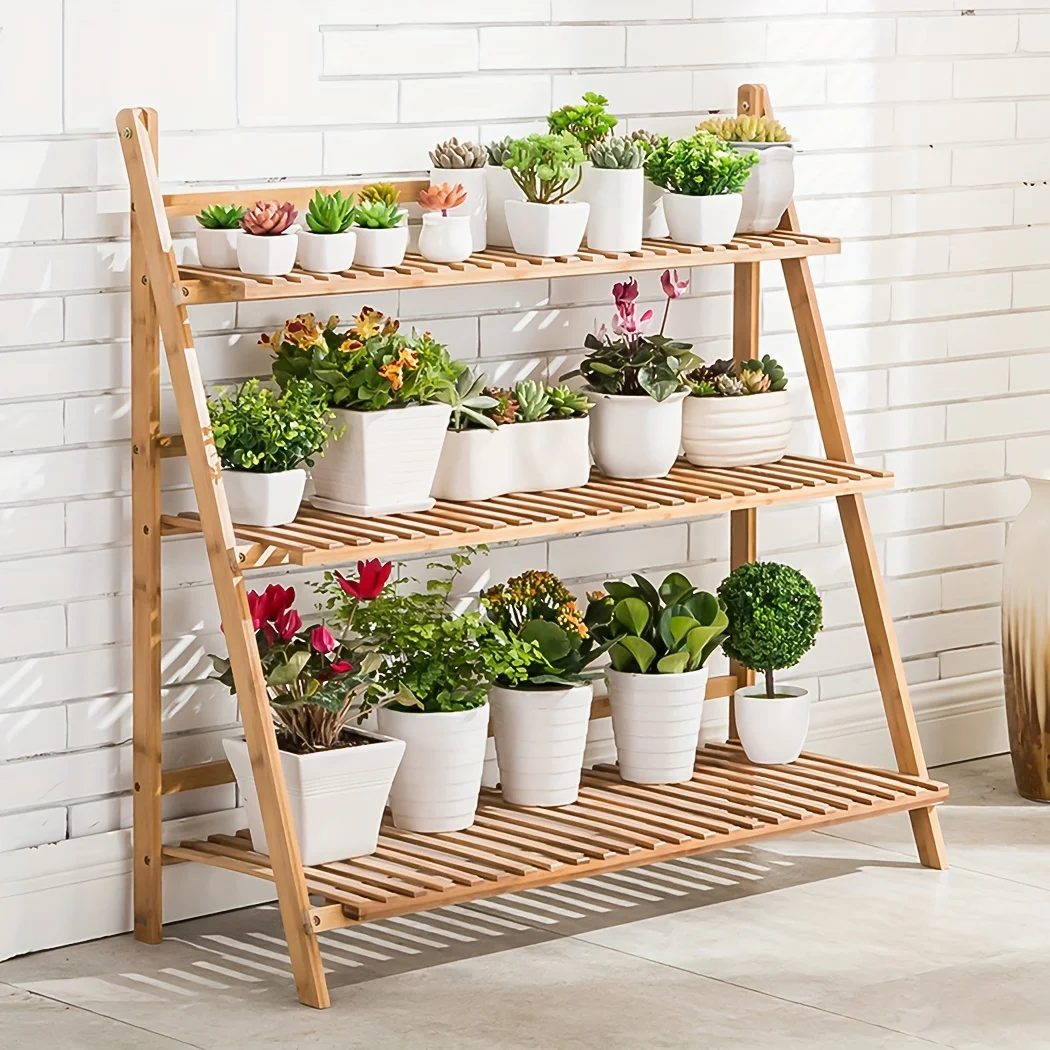 Multi-Functional 39.37inch 3-Level Collapsible Bamboo Shelf for Displaying Flower Pots And Organizing Plants, Suitable