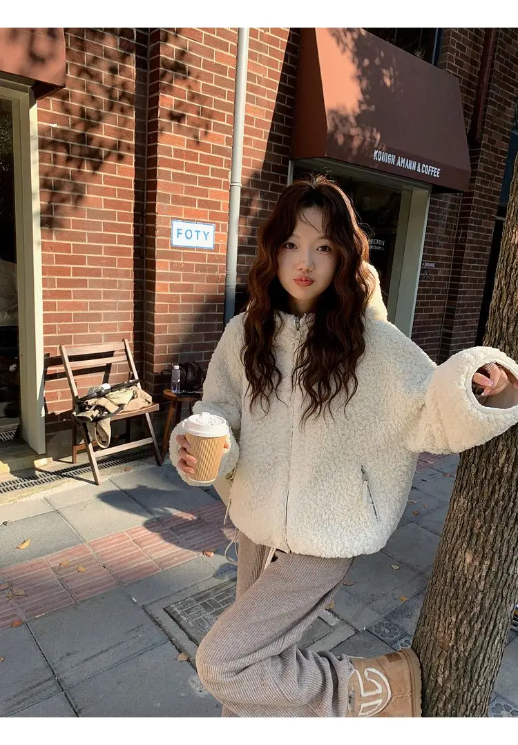 ラムウールジャケット コットン混紡 レディース モダン ストレッチ フレンチスタイル おしゃれ アウトドア 防水 グリーン 保温 リブ編み バイク カレッジ ガールフレンド向け