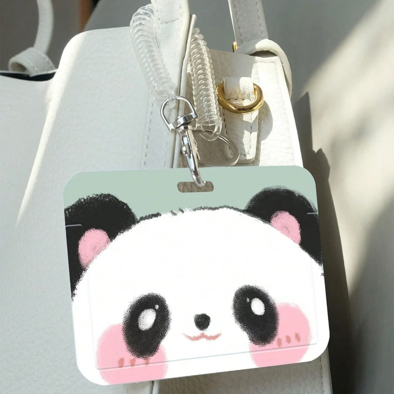 School Campus Card Sleeve with Retractable Elastic Cord, Suitable for Meal Card, Bus/Subway Card ,Work Cards, Cartoon Panda