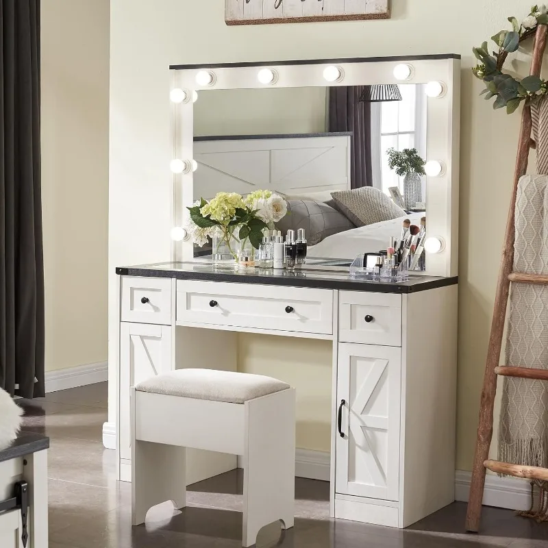 

Farmhouse Vanity Dressing Table Set with 3 Drawers & 2 Cabinets,Stool Included, 43" Makeup Vanity Desk with Mirror and Lights