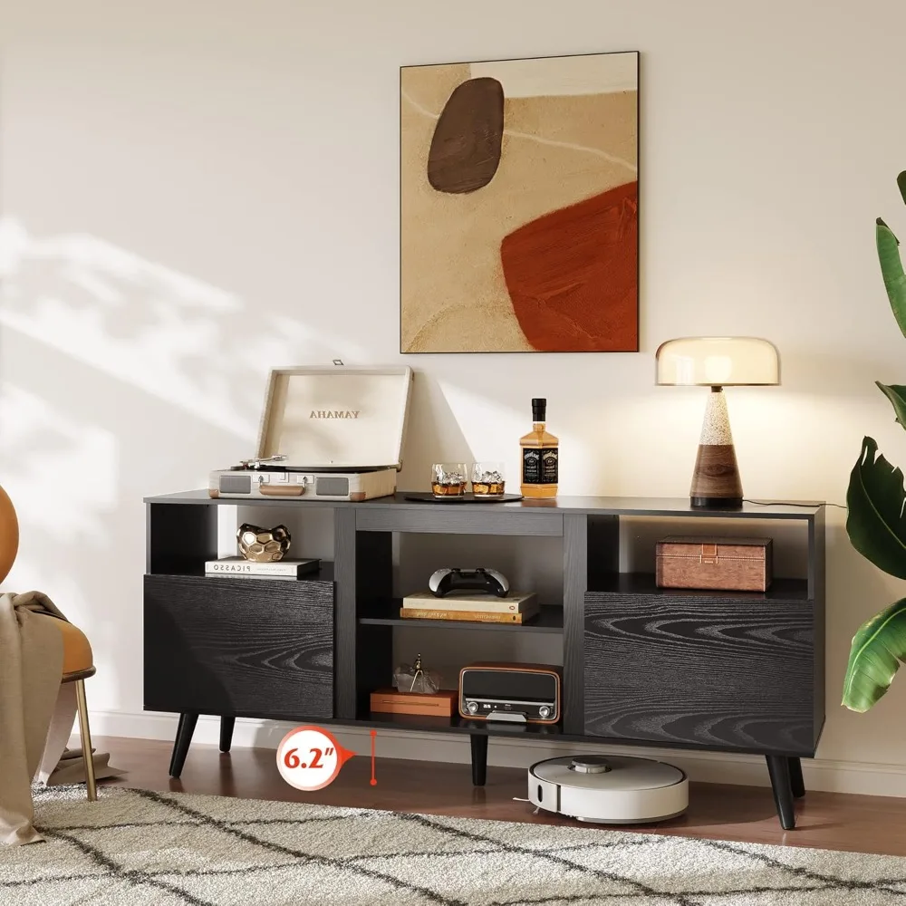 

58-inch Mid-Century TV Stand for Up to 65-Inch TVs, Entertainment Center with 2 Storage Cabinets & Adjustable Shelves,