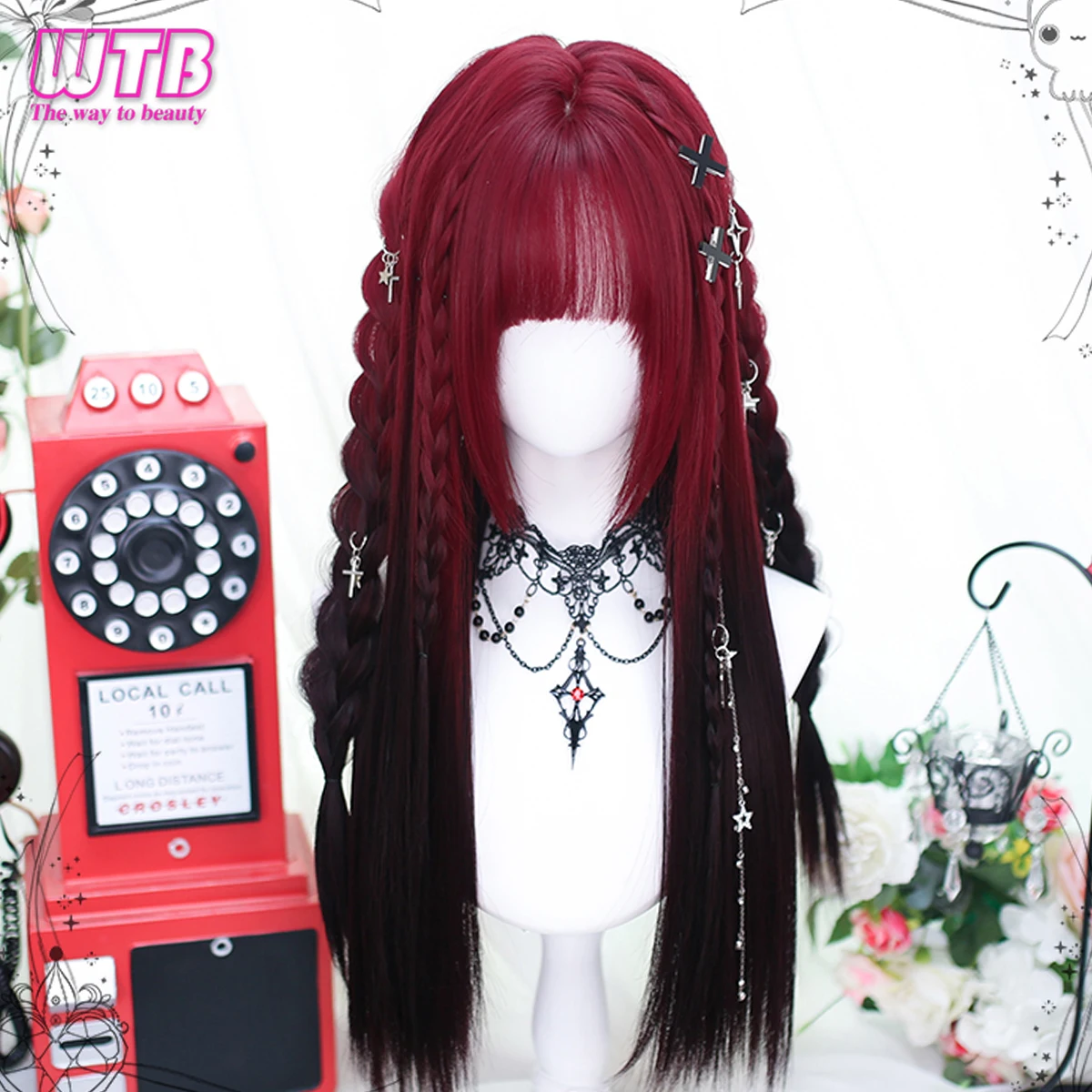 WTB Synthetic Hair Wine Red Black Long Straight Synthetic Lolita Wig High Temperature Fiber Wig with Bangs Cosplay Halloween Wig