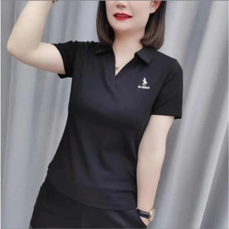 Polo Dress Women 2023 Summer New Solid Short Sleeve Polo Shirt Slim Sport Polo Embroidered T-shirt Polos Mujer Blusas