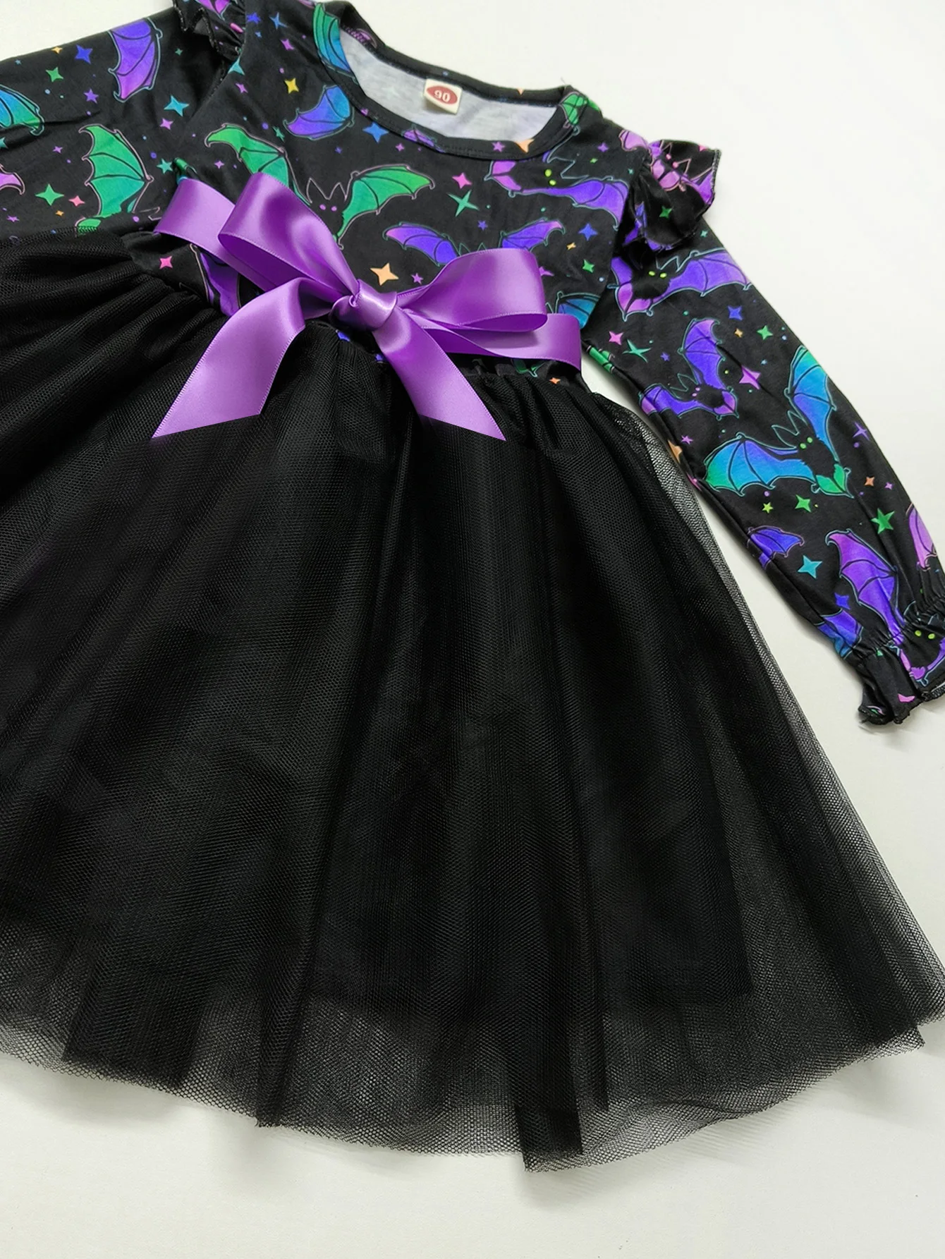 Halloween-Mädchenkleid mit langen Ärmeln, Cartoon-Fledermaus-Reflexdruck, Netz-Prinzessinnenkleid für Kinderpartys – Detail 4