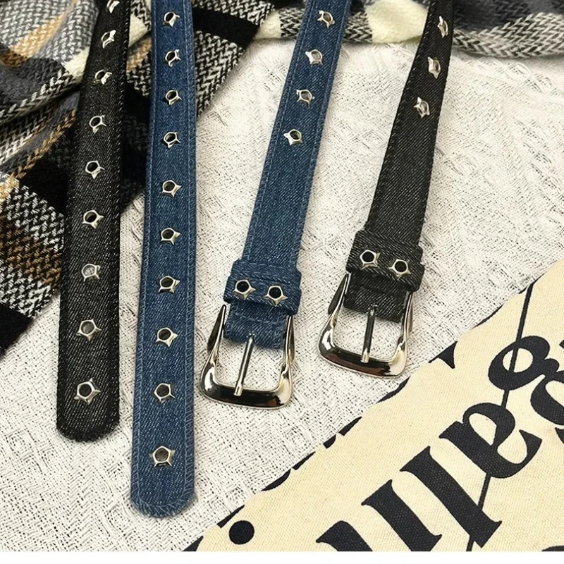 1 unidad de cinturón de lujo a la moda, accesorios Punk negros, faja vaquera azul, HipHop Y2k, cinturón con hebilla ahuecada de estrella, para hombres y mujeres