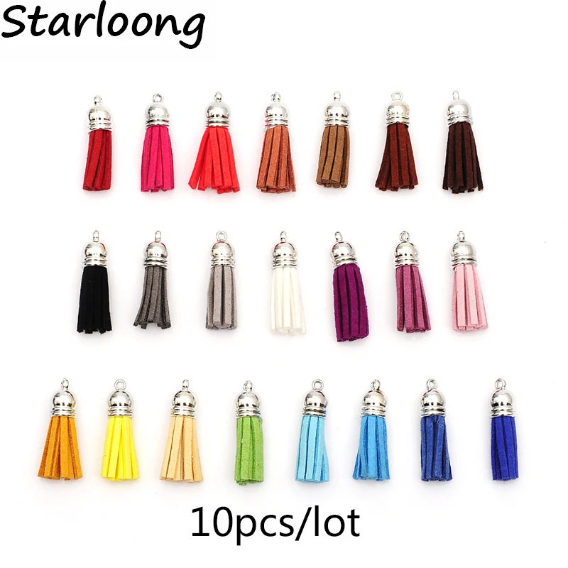 10pcs/lot 38mm Full Leather Tassels silver Caps Suede Tassel For Keychain Cellphone Straps Charms multicolor mixed