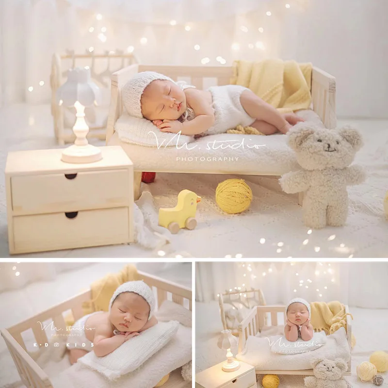 

2022 Newborn Photography Props Furniture Wood Bed Bedside Table Bebe Photo Accesories Recien Baby Girl Outfit Clothes Background