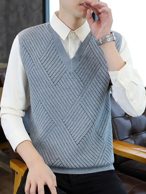 

Мужской вязаный жилет из чистого хлопка с V-образным вырезом, весна 2025, повседневный, удобный, дышащий, с волнообразным узором