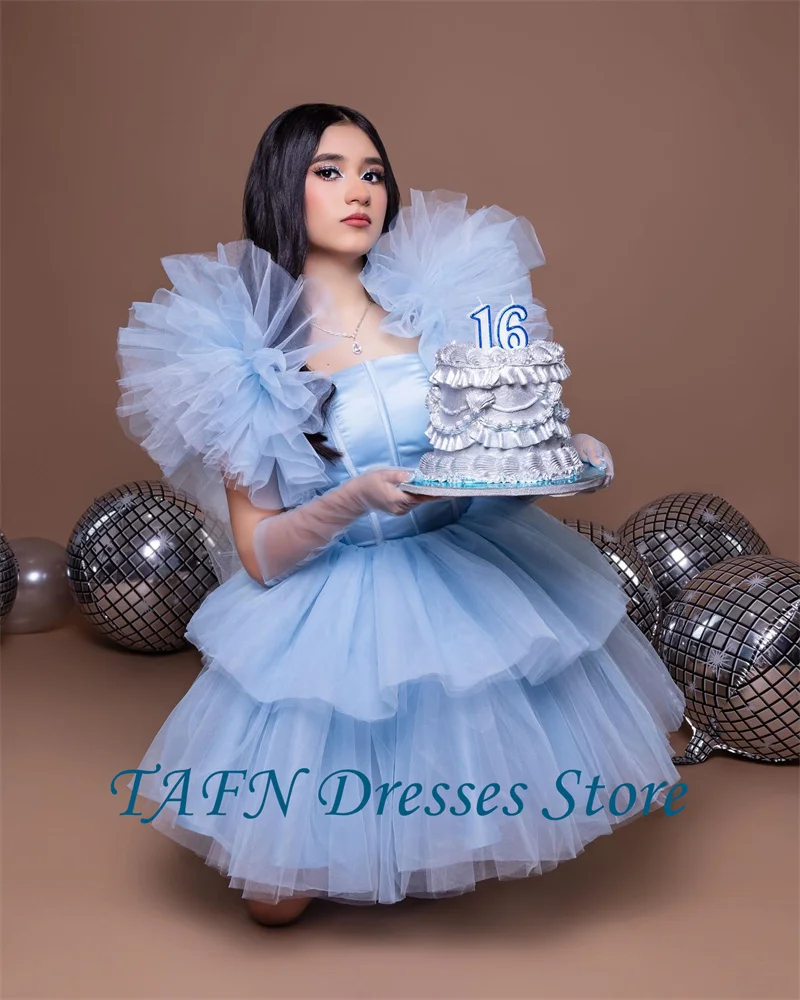 TAFN Light Blue Knee Length Short Prom Party Dresses Birthday Photo shoot Tiered Ruffles Shoulder Formal Evening Gowns Customize