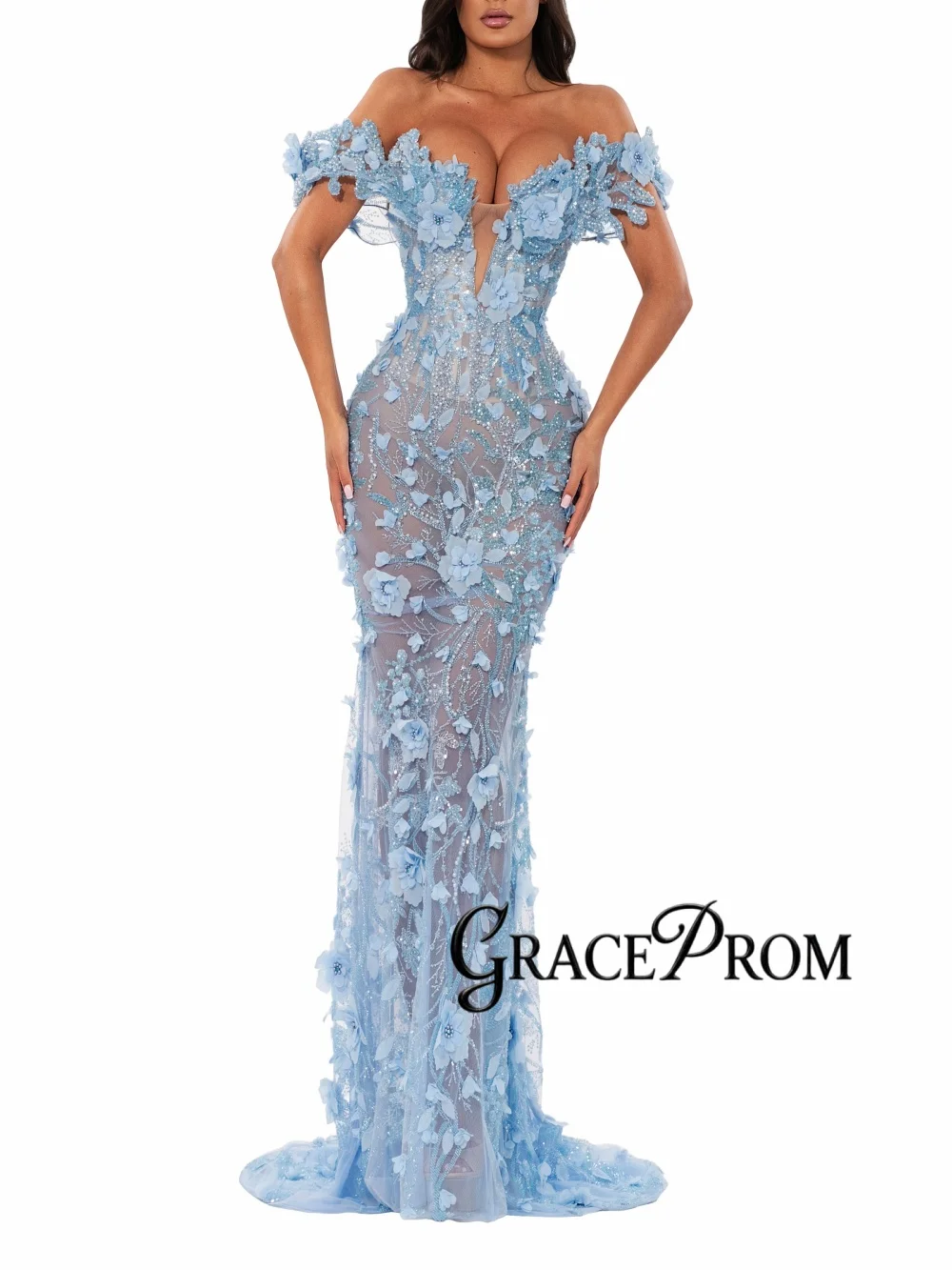 

Sky Blue Beaded 3D Floral Evening Dress Gorgeous Off Shoulder Wedding Party Gowns Customized Illusion Mermaid Banquet Gowns