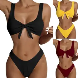 Wide Shoulder Straps Front Knot Solid Color Sexy Bikini Triangle Bra High Waist Briefs Swimsuit for Swimming Pool