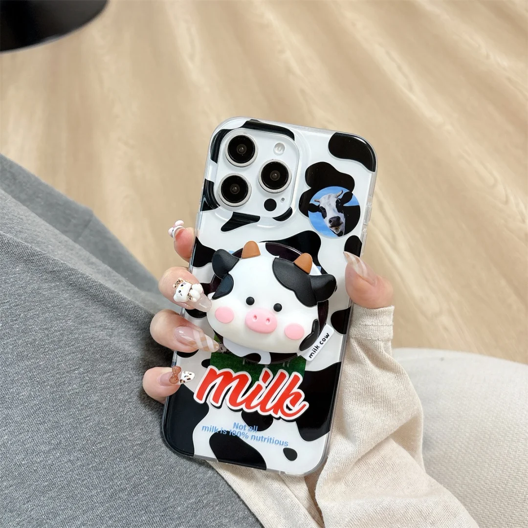 

Cute Grassland little dairy Cows Magnetic Grip Tok holder Bracket Phone Case For IPhone 16 15 14 13 12 Pro Max Plus Back Cover﻿